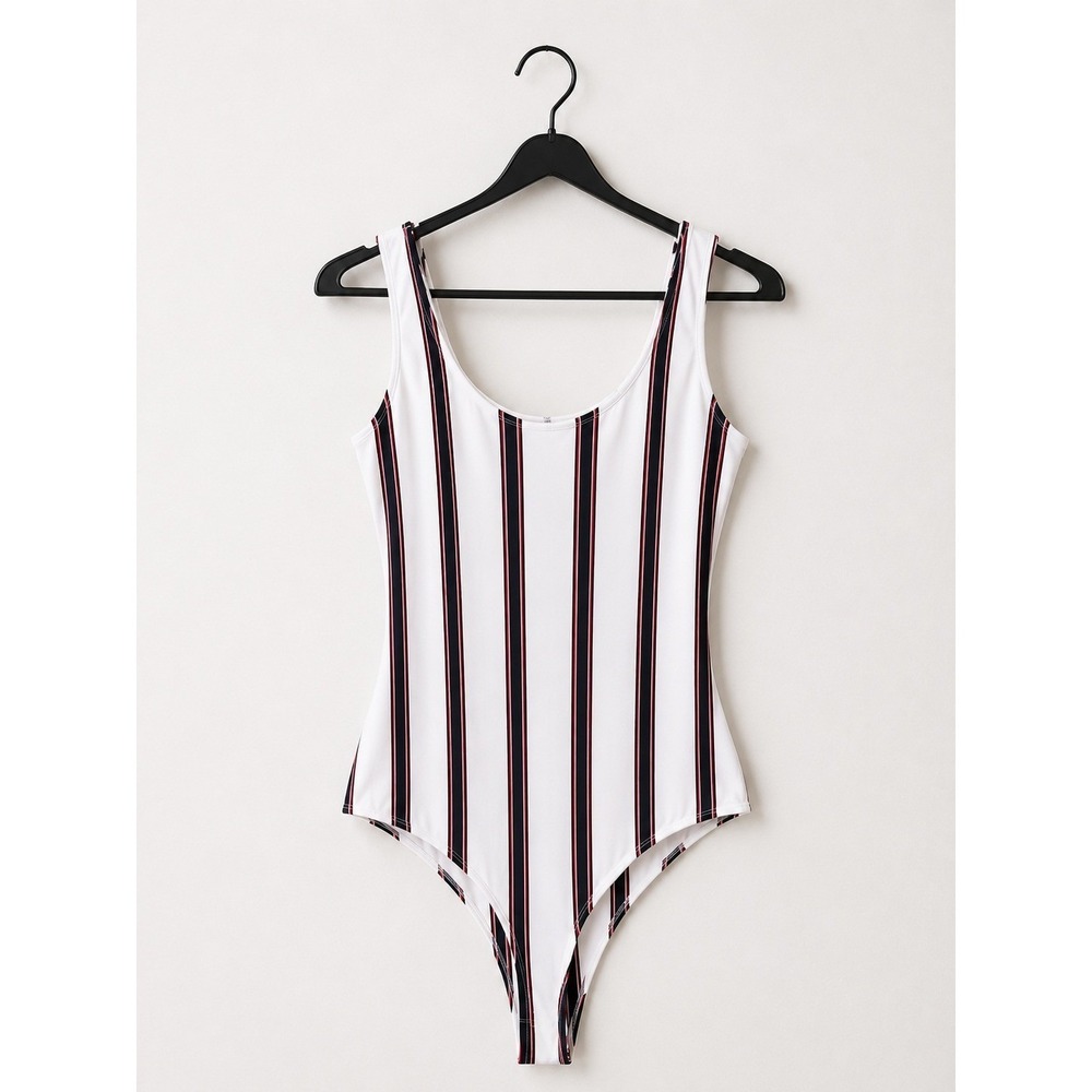 Womens White Vertical Stripe Scoop Neck Bodysuit Navy Red Stripe Size-M - Picture 4 of 4